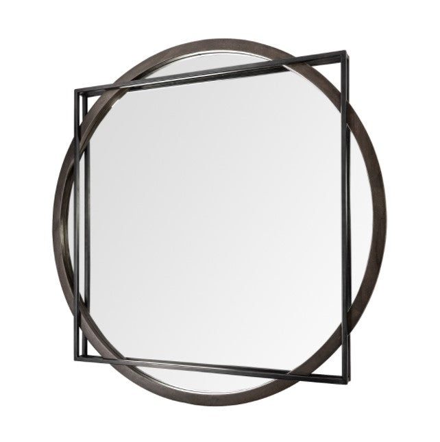 EM1295 46" Round-Square Black Wood/Metal Frame Mirror