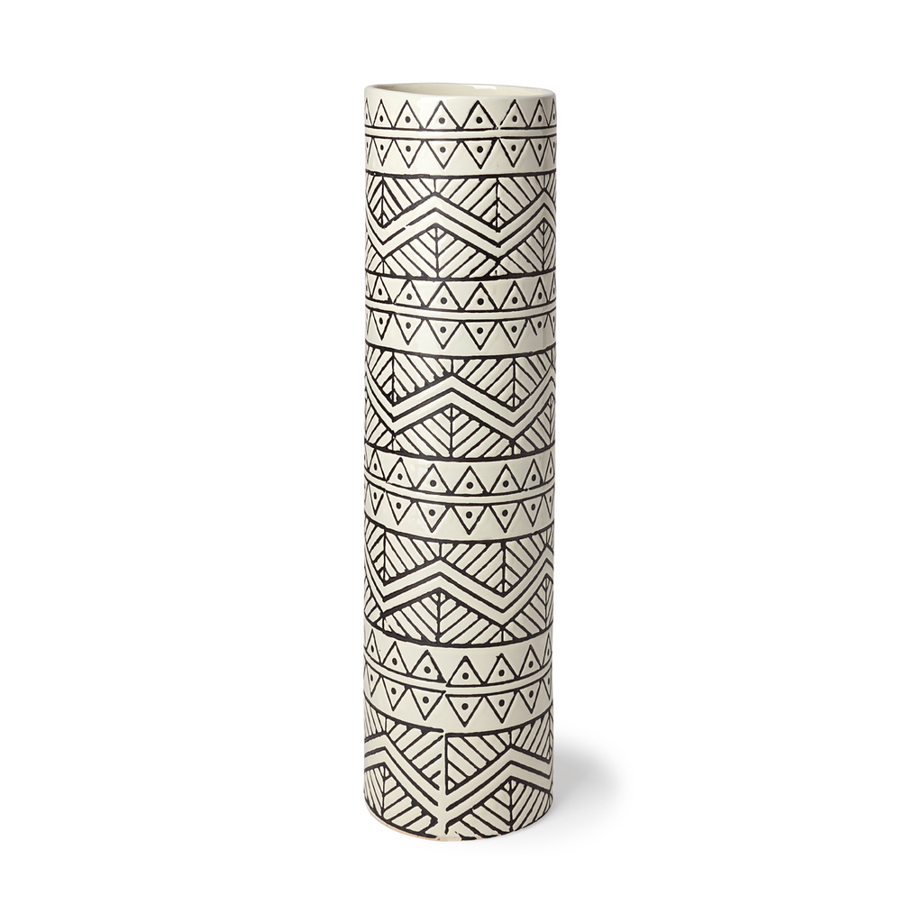EM1051 Large Cream Black Patterned Cylindrical Ceramic Vase